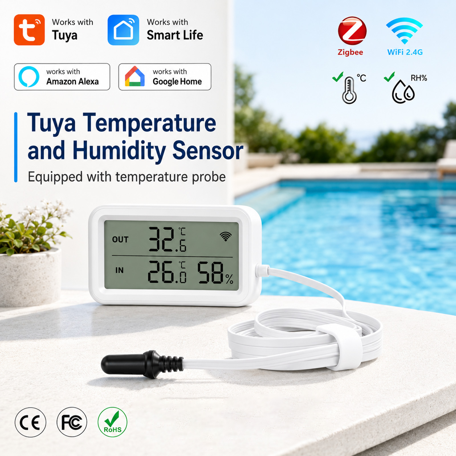 外部防水プローブ温度湿度センサー Tuya WiFi Zig - Digital Hygrometer Probe のレビューと価格